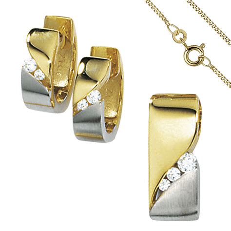 SIGO Schmuck Set 333 Gold Gelbgold Bicolor 7 Zirkonia Ohrringe Und