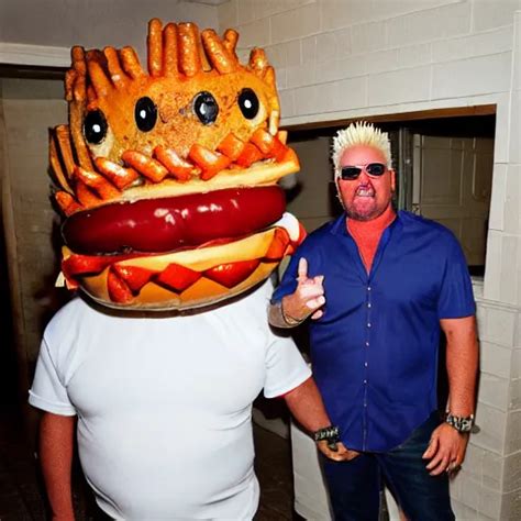 Lean Cut Guy Fieri Poses With A Huge Hot Dog In A Dim Stable Diffusion