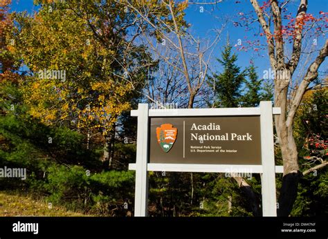 Bar Harbor Maine Sign For Acadia National Park In Fall Colors Leaf