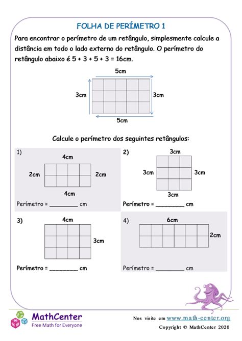 Quarto Ano Planilhas Área e Perímetro Math Center