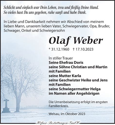 Traueranzeigen Von Olaf Weber Trauer Anzeigen De