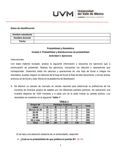 ACTIVIDAD 3 PROBABILIDAD Y ESTADISTICA EJERCICIOS UVM Datos De