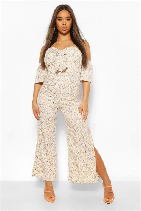 Womens Ditsy Floral Off The Shoulder Wide Leg Jumpsuit Boohoo Uk