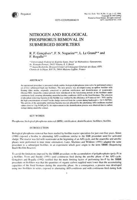 Pdf Nitrogen And Biological Phosphorus Removal In Submerged Biofilters