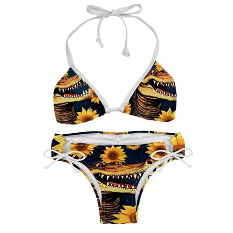 Crocodile Starry Sky Sunflower Adjustable Strap Bikini Set With