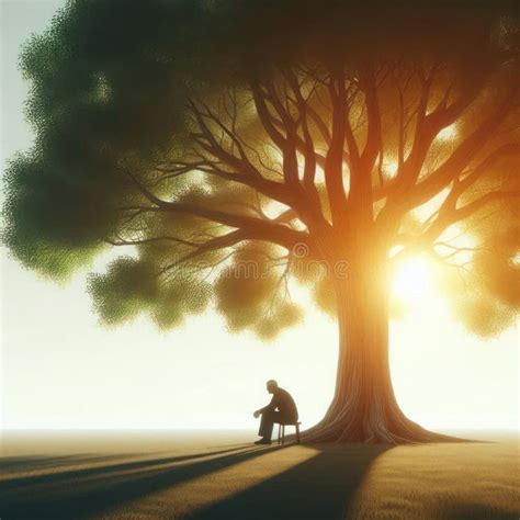 Man Sitting Under A Tree At Sunset Away From The Hustle And Bustle