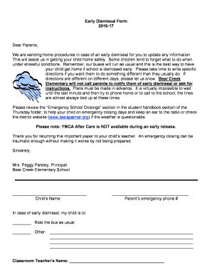 Fillable Online Lewispalmer Early Dismissal Form 2016 17 Dear Parents