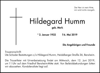 Traueranzeigen Von Hildegard Humm Trauerportal Ihrer Tageszeitung