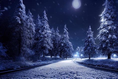 Landscape Of Snow Storm Winter Background At Night Digital Art Design