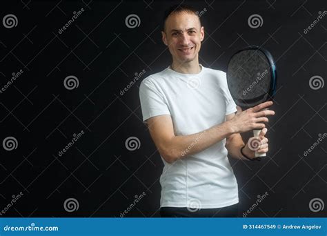 One Caucasian Mature Man Paddle Padel Tennis Player Shadow Silhouette