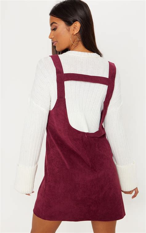 Burgundy Corduroy Skater Pinafore Dress Prettylittlething Usa