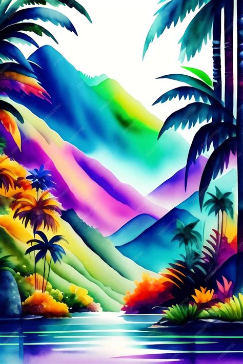 Premium AI Image | Colorful Forest Scene with Birds Mountains and palm ...
