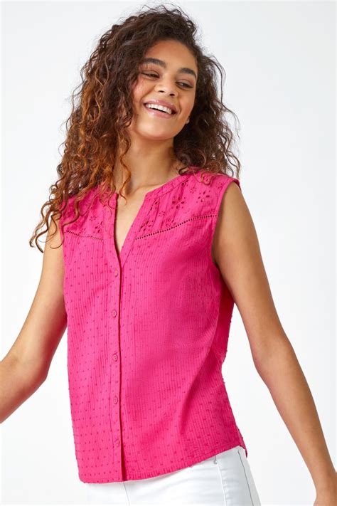 Cerise Sleeveless Embroidered Cotton Blouse Roman Uk