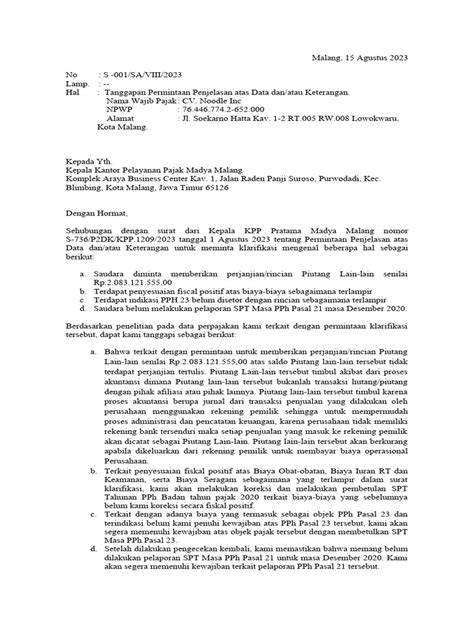 Surat Tanggapan Sp2dk Noodle Inc 2020 Pdf