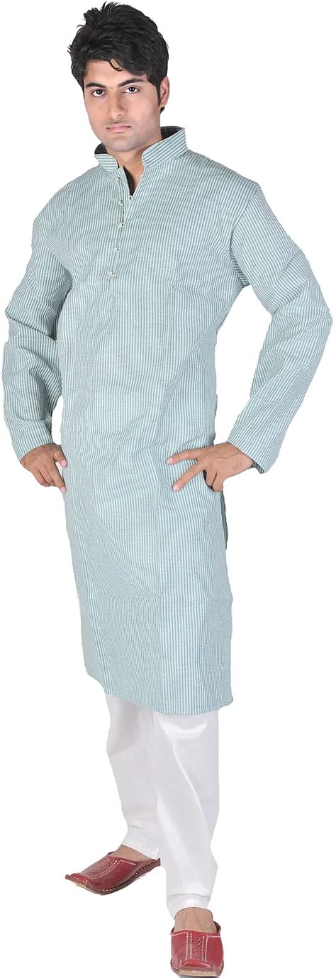 Fair Aqua Green Kurta Pajama With Woven Stripes And Chinese Collar