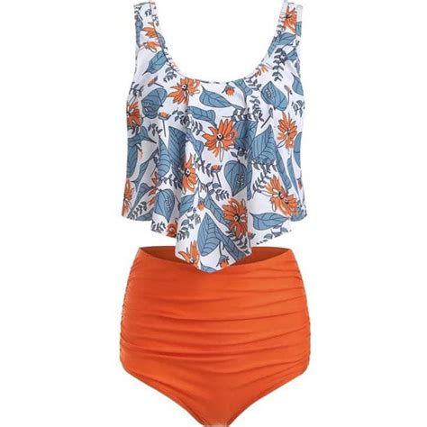 Women Pcs Padded Ruffle Strappy Crop Tops High Waist Bikini Set