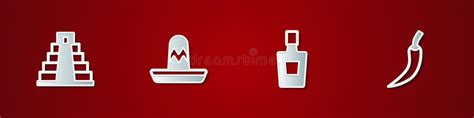 Set Chichen Itza In Mayan Mexican Sombrero Tequila Bottle And Hot Chili Pepper Pod Icon