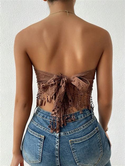 SHEIN VCAY Jacquard Guipure Lace Fringe Hem Tie Back Crop Tube Top