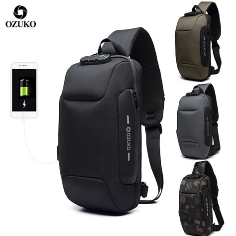 Ozuko Men Anti Theft Lock Sling Bag Waterproof Usb Crossbody Bag