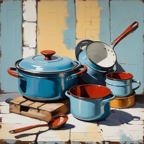 Vintage Enamelware Cookware in Brian Mahon's Style | Stable Diffusion Online