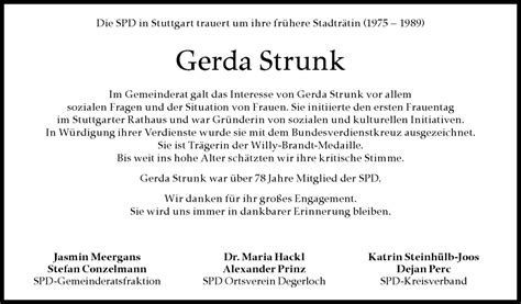 Traueranzeigen Von Gerda Strunk Stuttgart Gedenkt De