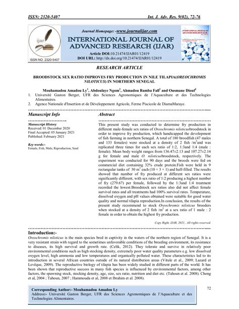 Pdf Broodstock Sex Ratio Improves Fry Production In Nile Tilapia Oreochromis Niloticus In