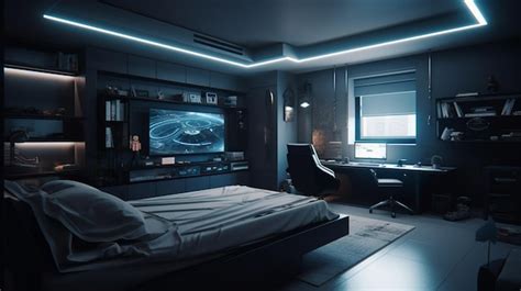 Premium Ai Image A Dark Room With A Bed A Desk A Desk And A Tv