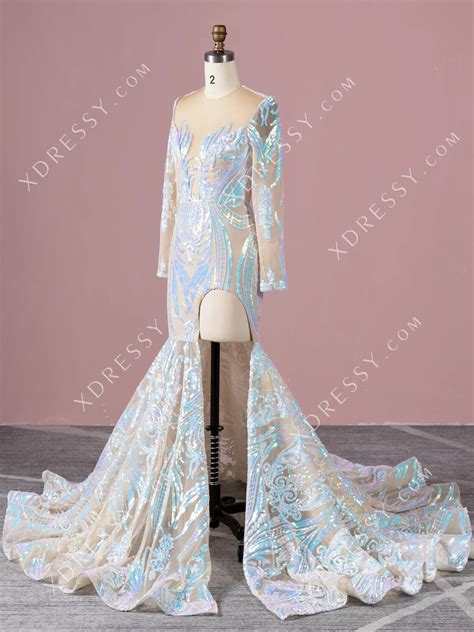 Sexy Illusion Plunging Neck Iridescent Sequin Prom Gown Xdressy