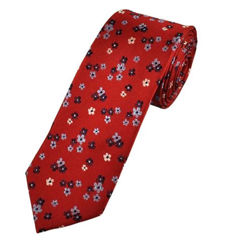 Red Silver Light Blue And Navy Blue Flower Patterned Mens Silk Tie