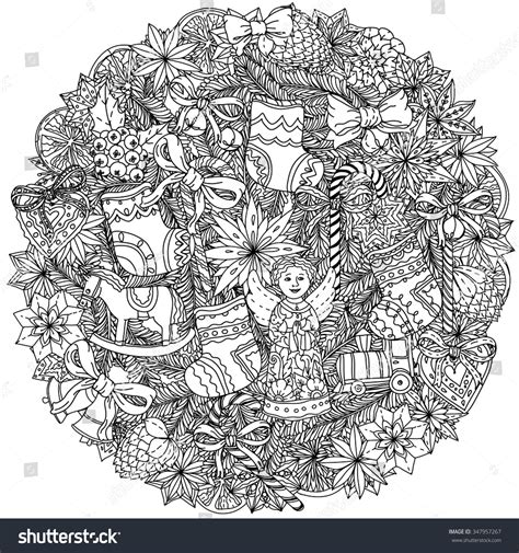 Circle Christmas Ornament With Decorative Items Black And White