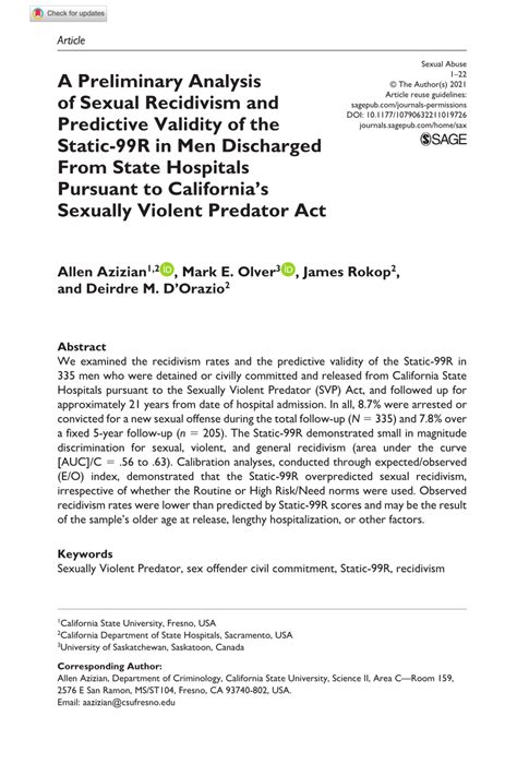 Pdf A Preliminary Analysis Of Sexual Recidivism And Predictive