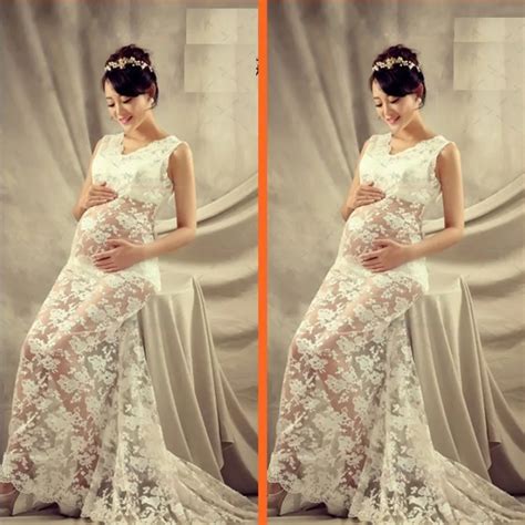 Maternity Lace Flower Gown Dress Pregnant Photography Props V Neck