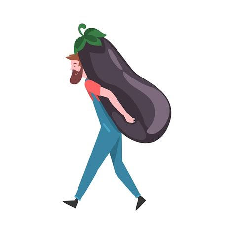 Jovem Homem Carregando Grande Berinjela Homem Agricultor Personagem Com