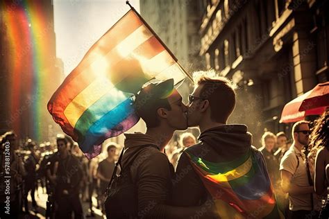 Gay couple kissing while holding a rainbow flag at a pride parade ilustração do Stock Adobe Stock