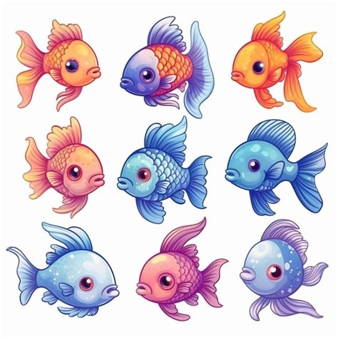 Un Conjunto De Peces De Dibujos Animados Con Diferentes Colores Y