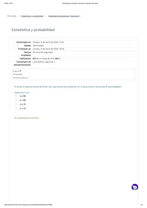 Modalidad de exámenes Semana 5 Revisión del intento estadistica y