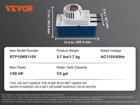 Vevor Condensate Removal Pump 150 Hp 65 Gph 15 Ft Lift 115v Automatic Ac Condensation Pump