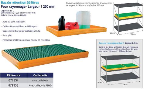 Bac de rétention pour rayonnage PE 1230x600x90 Jaune Caillebotis