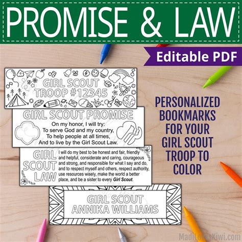 Printable Girl Scout Promise And Law Bookmark Editable Coloring Page