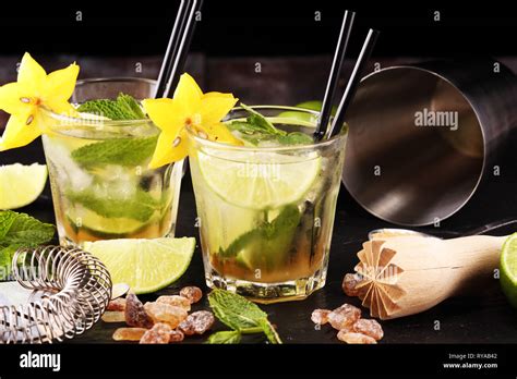 Lemon Fruit Lime Caipirinha Of Brazil On Stone Rustic Background Stock