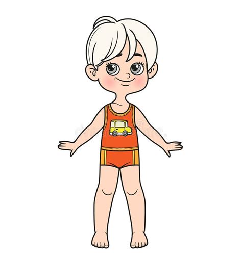 Cute Cartoon Boy With Classic Haircut Dressed In Underwear Barefoot