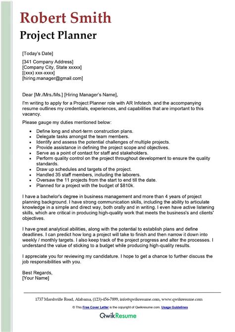 Project Planner Cover Letter Examples Qwikresume