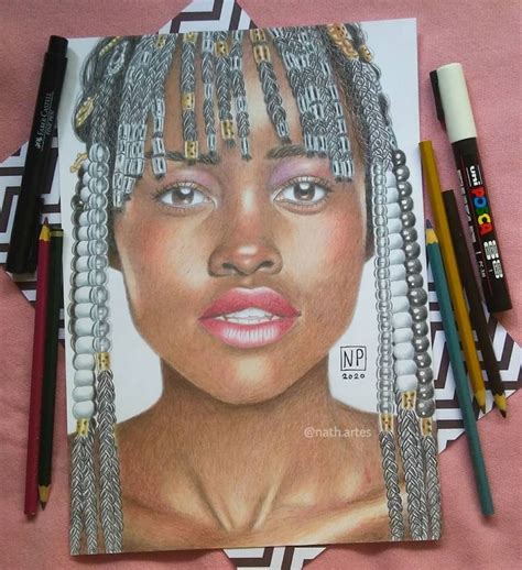 A Drawing Of A Woman S Face With Braids On Her Head And Two Crayons