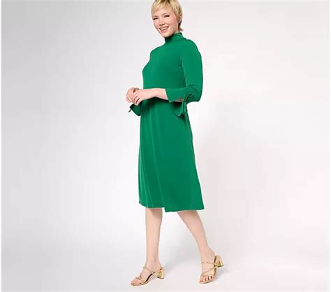 Susan Graver Regular Liquid Knit Mock Neck Midi Dress With Tie Sleeves