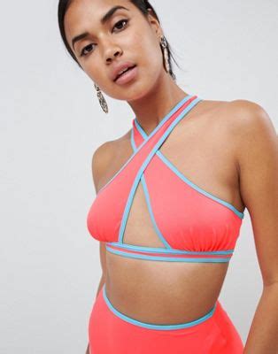 ASOS DESIGN Contrast Bind Cross Back Triangle Bikini Top In Neon Orange