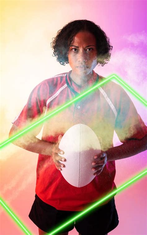 Composite Of Biracial Female Rugby Player Holding Ball And Standing