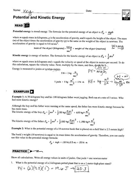 Potential Energy Worksheet With Answers