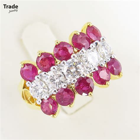 R-2908G แหวนทับทิมเจียร 2 แถว ฝังเพชร 5 เม็ด รวม 0.90 Ct. ทอง 18k ...