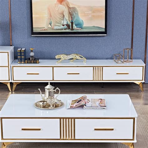 78 Modern White TV Stand Tempered Glass Top With 3 Drawers In Gold Homary