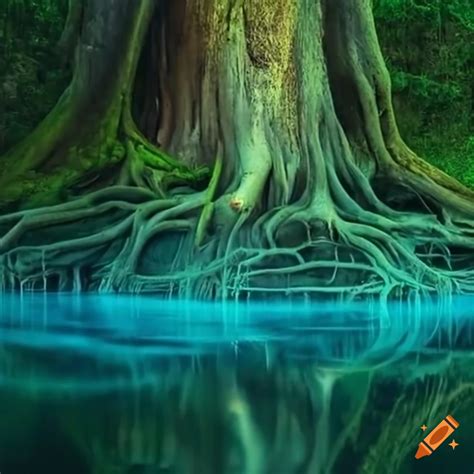 Roots Of A Magical Tree Reaching Into An Underground Lake On Craiyon